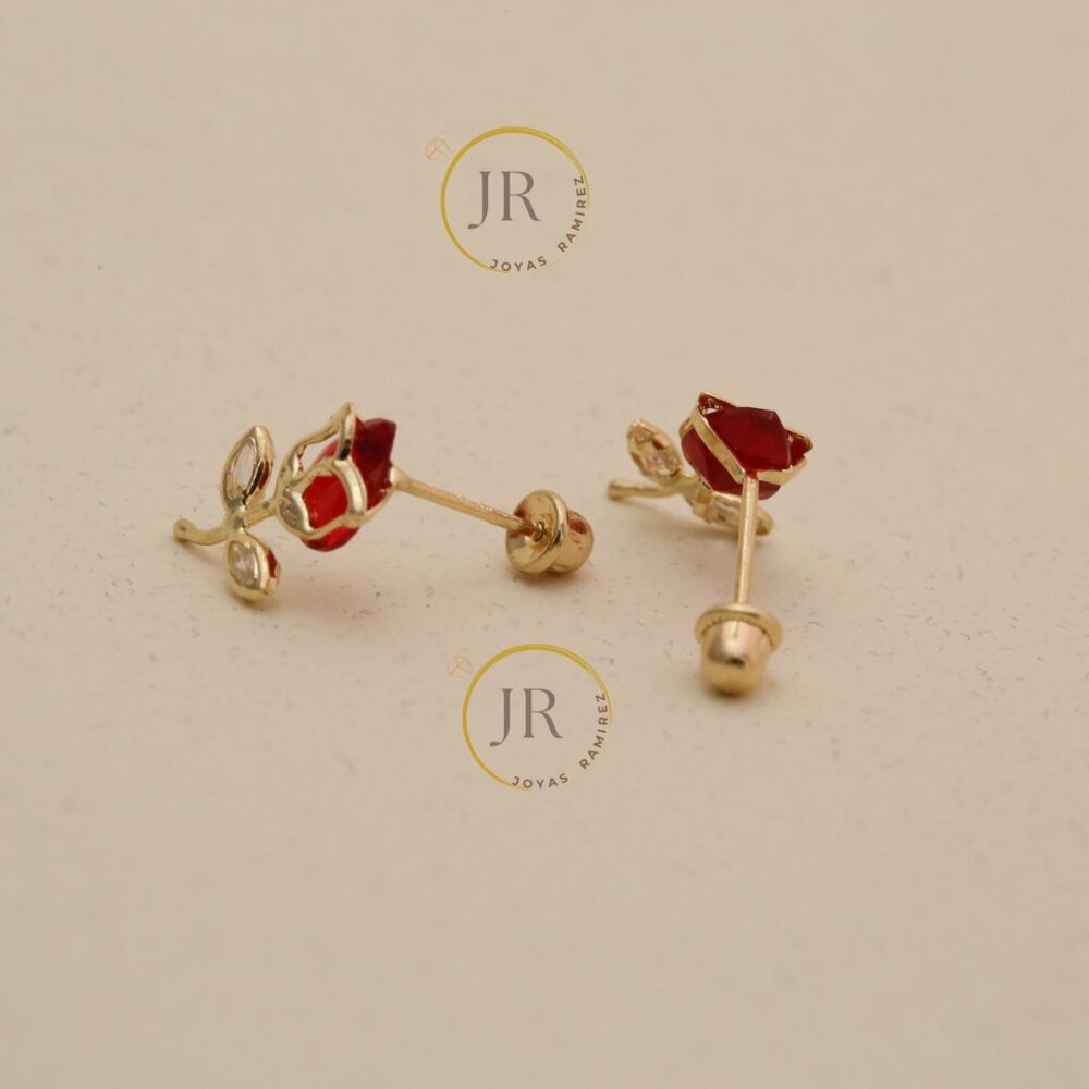 14K Solid Yellow Gold Red Tulip Stud Earrings • Floral Elegance & Passion. - Picture 5 of 11